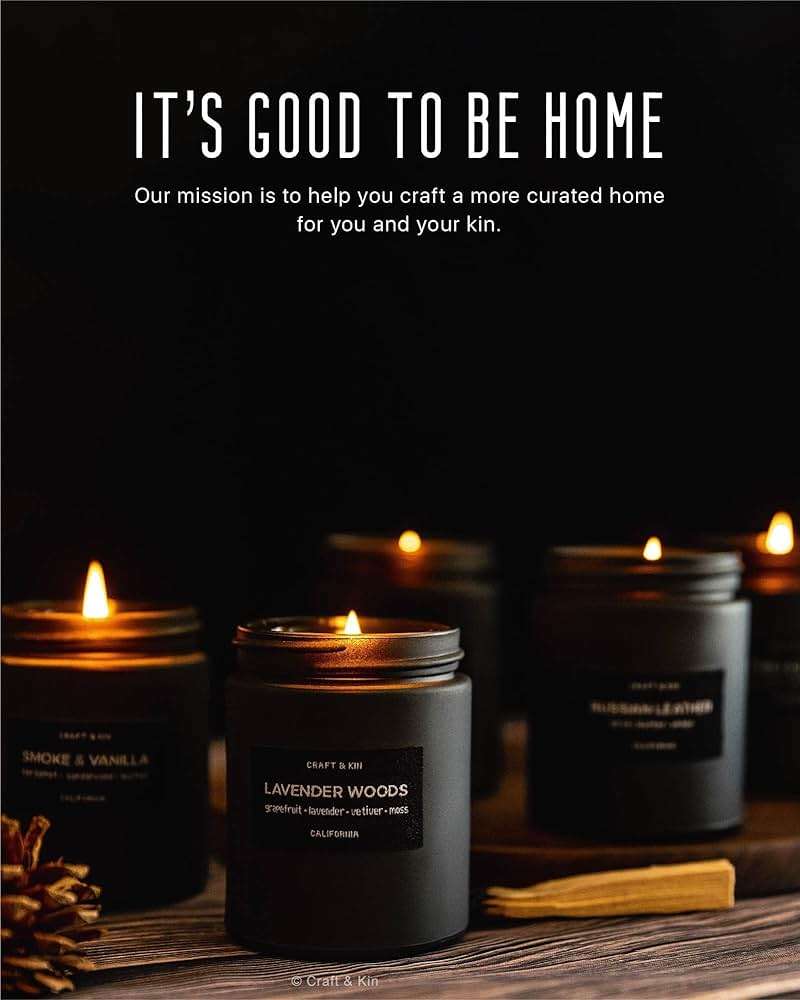 Craft & Kin Premium Smoke & Vanilla Scented Candle – Long Lasting, 45 Hour Burn Time – Luxury Black Natural Soy Scented Candle for Men with Wood Wick – Room Decor and Aromatherapy – 7.6 oz - Image 3