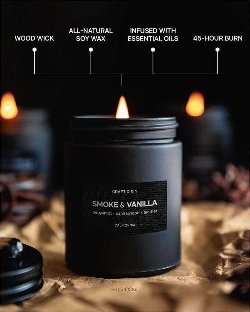 Craft & Kin Premium Smoke & Vanilla Scented Candle – Long Lasting, 45 Hour Burn Time – Luxury Black Natural Soy Scented Candle for Men with Wood Wick – Room Decor and Aromatherapy – 7.6 oz - Image 4