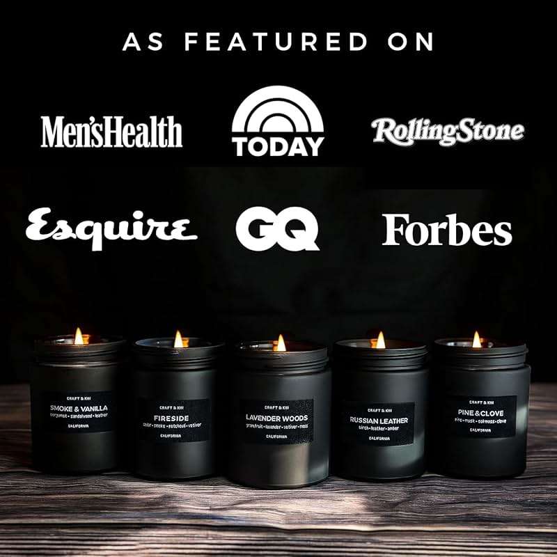 Craft & Kin Premium Smoke & Vanilla Scented Candle – Long Lasting, 45 Hour Burn Time – Luxury Black Natural Soy Scented Candle for Men with Wood Wick – Room Decor and Aromatherapy – 7.6 oz - Image 5