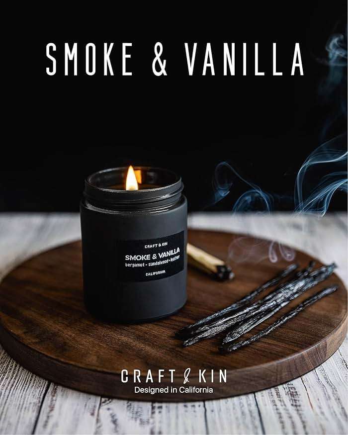 Craft & Kin Premium Smoke & Vanilla Scented Candle – Long Lasting, 45 Hour Burn Time – Luxury Black Natural Soy Scented Candle for Men with Wood Wick – Room Decor and Aromatherapy – 7.6 oz - Image 6