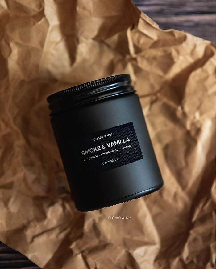Craft & Kin Premium Smoke & Vanilla Scented Candle – Long Lasting, 45 Hour Burn Time – Luxury Black Natural Soy Scented Candle for Men with Wood Wick – Room Decor and Aromatherapy – 7.6 oz - Image 7
