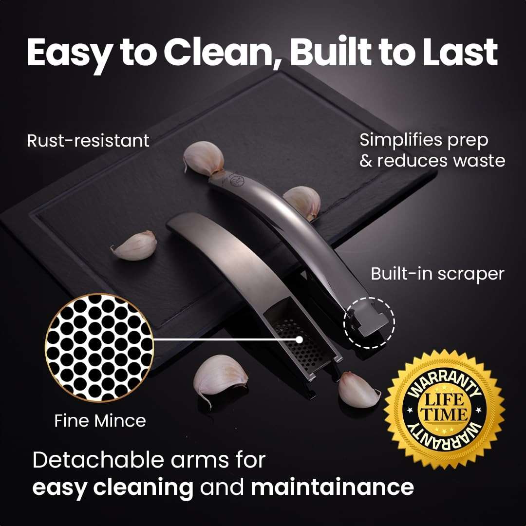 Lifetime Replacement Garlic Press Stainless Steel No Need to Peel, Detachable Handle for Fine Mincing-Premium Garlic Mincer Tool, Rust-Proof, Easy to Clean, Dishwasher Safe Garlic Crusher - Image 4