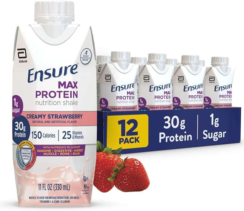 Ensure Max Protein Shake | Creamy Strawberry | Ready to Drink | 30g Protein for Muscle Health | 1g Sugar, 4g Fiber | 11 fl oz Bottle, 12 Pack - Image 1