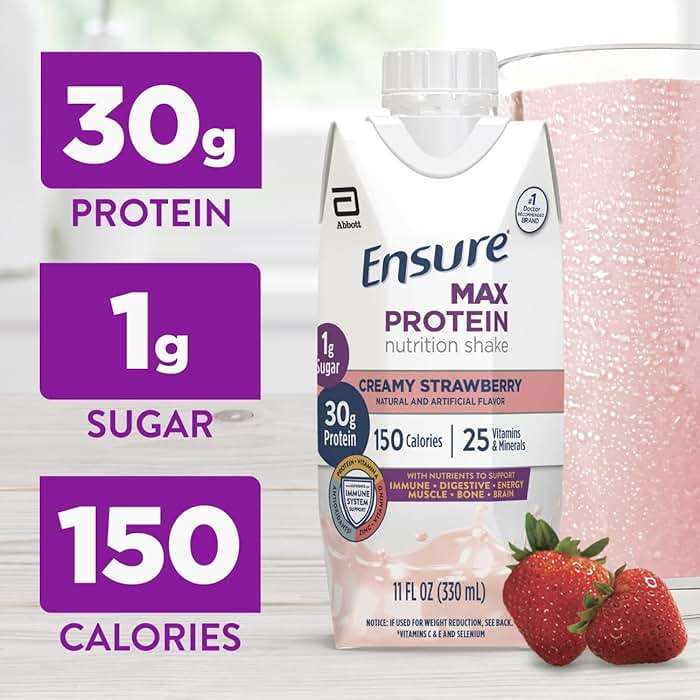 Ensure Max Protein Shake | Creamy Strawberry | Ready to Drink | 30g Protein for Muscle Health | 1g Sugar, 4g Fiber | 11 fl oz Bottle, 12 Pack - Image 2