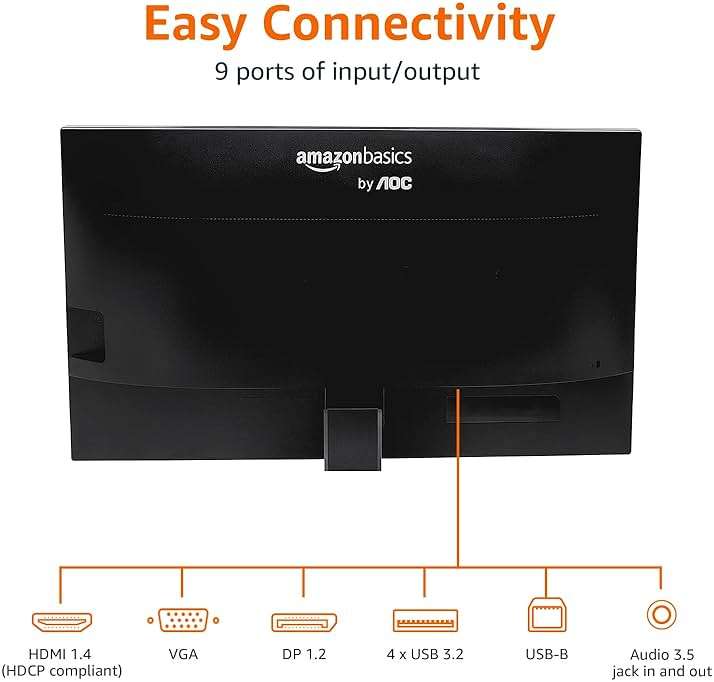 Amazon Basics 27 in IPS Monitor, Full HD 1080P, 75 Hz, Adjustable Stand, HDMI, Display Port, VGA Input, Built-in Speakers, VESA Compatible, Black - Image 3