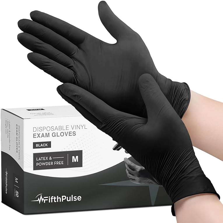 FifthPulse Black Vinyl Disposable Gloves - Powder and Latex Free Medical Exam Gloves - Image 1