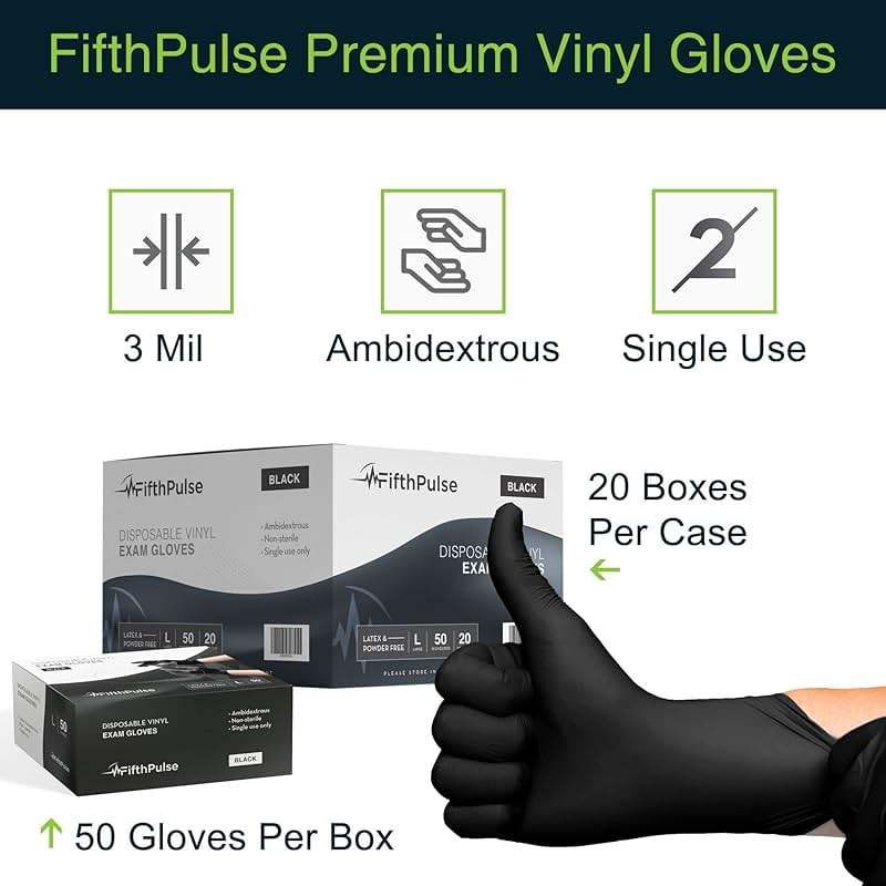 FifthPulse Black Vinyl Disposable Gloves - Powder and Latex Free Medical Exam Gloves - Image 6