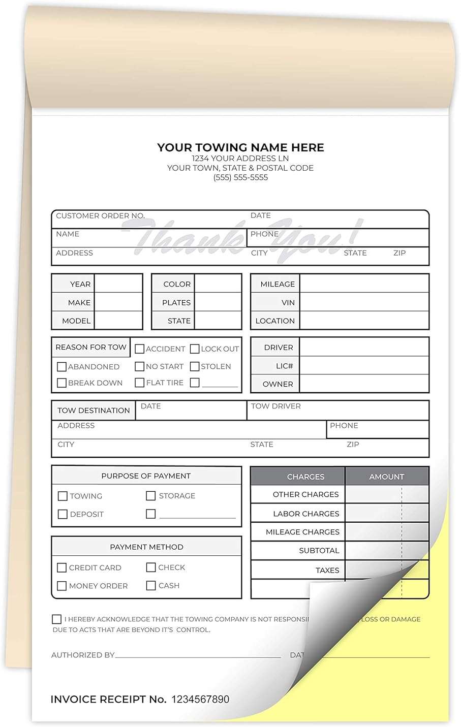 Custom Printed 5.5 x 8.5 inches Carbonless Towing Invoice Receipt Books - NCR 2-Part Staple Bound Pads with Manila Cover Personalized with Your Company Name - 300 Qty - Image 1