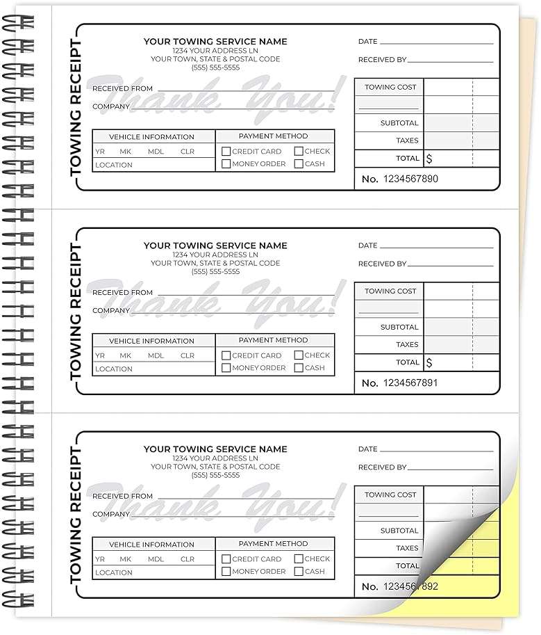 Custom Printed 8.5 x 7 inches (3 per Page) Carbonless Towing Invoice Receipt Books - NCR 2-Part Spiral Bound Pads with Manila Cover Personalized with Your Company Name - 300 Qty - Image 1