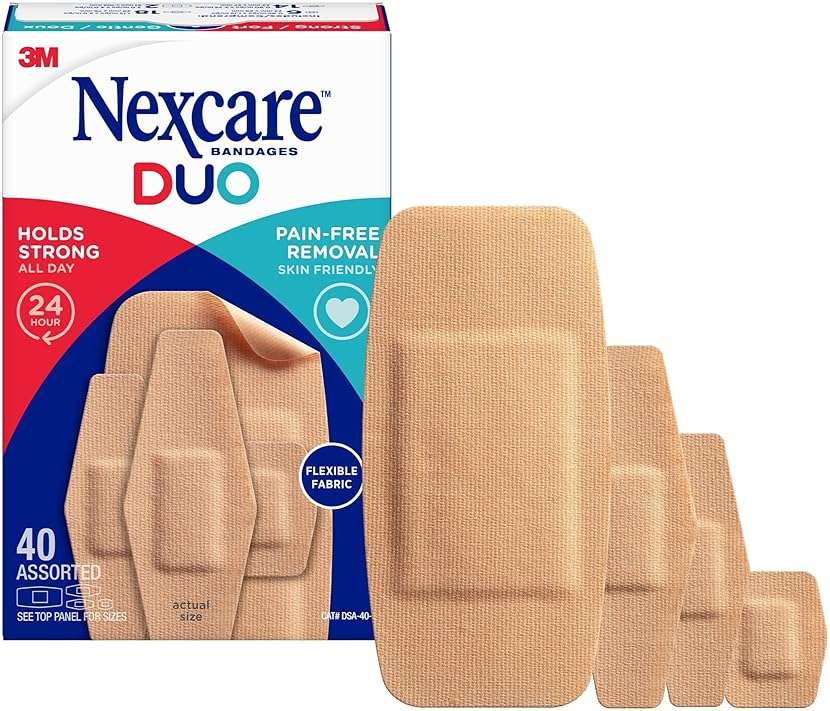 Nexcare Duo Bandages, Painless Removal, Strong Adhesive Bandages Stay on for 24 Hours, Flexible Fabric Construction - 40 Pack Assorted Sizes - Image 1