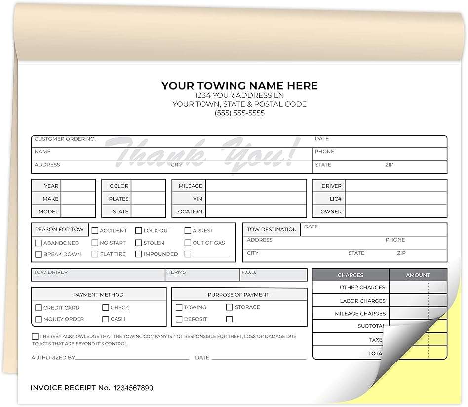 Custom Printed 8.5 x 7 inches Carbonless Towing Invoice Receipt Books - NCR 2-Part Staple Bound Pads with Manila Cover Personalized with Your Company Name - 300 Qty - Image 1