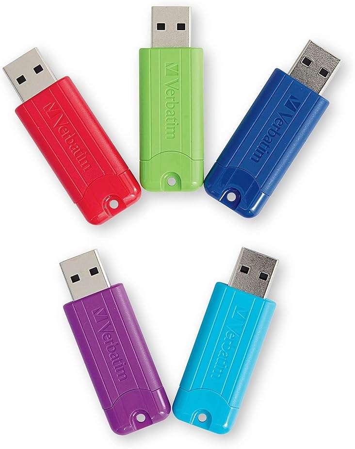Verbatim 64GB Pinstripe USB 3.2 Gen 1 Flash Drive Retractable Thumb Drive 5 Pack - Multicolor (Green, Blue, Red, Purple, Cyan) - Image 1