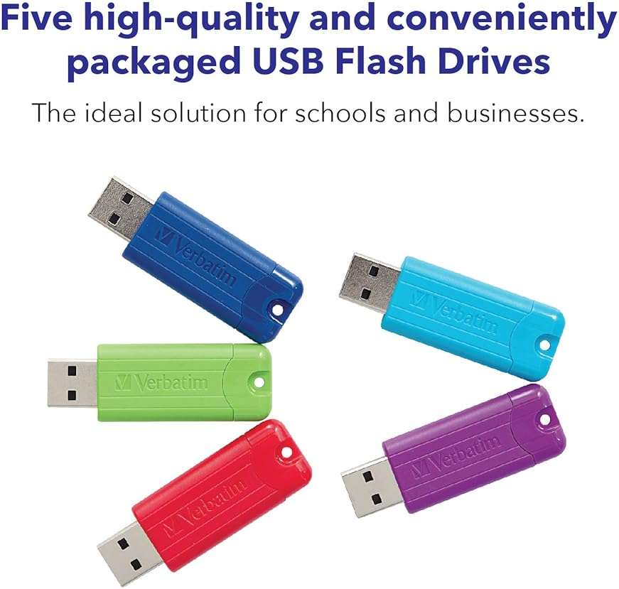 Verbatim 64GB Pinstripe USB 3.2 Gen 1 Flash Drive Retractable Thumb Drive 5 Pack - Multicolor (Green, Blue, Red, Purple, Cyan) - Image 2