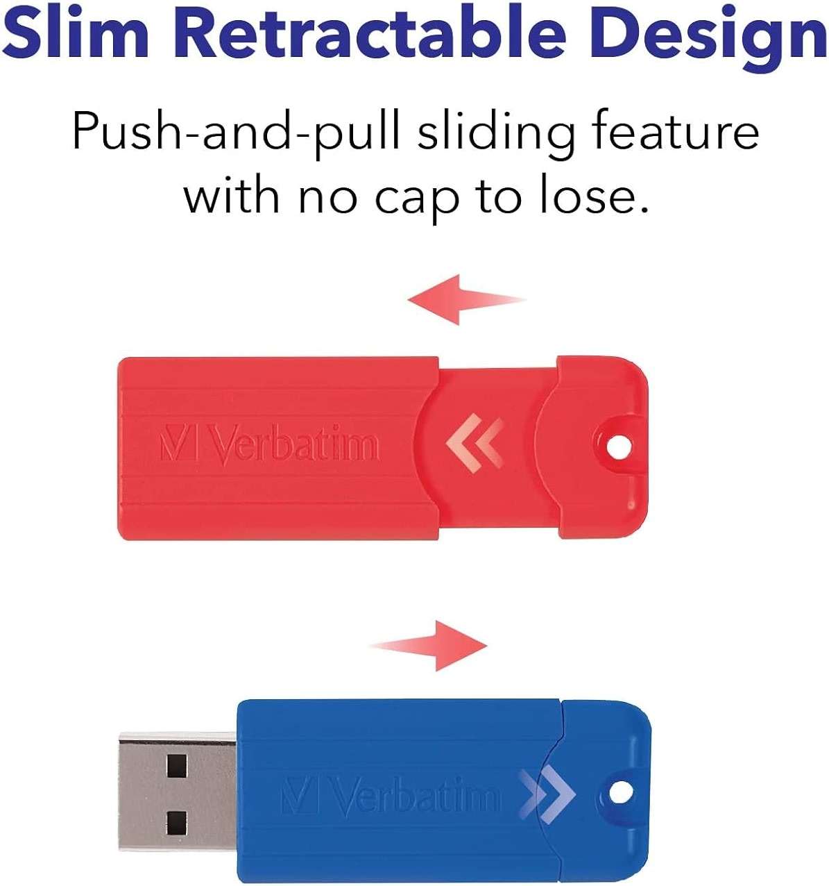 Verbatim 64GB Pinstripe USB 3.2 Gen 1 Flash Drive Retractable Thumb Drive 5 Pack - Multicolor (Green, Blue, Red, Purple, Cyan) - Image 4