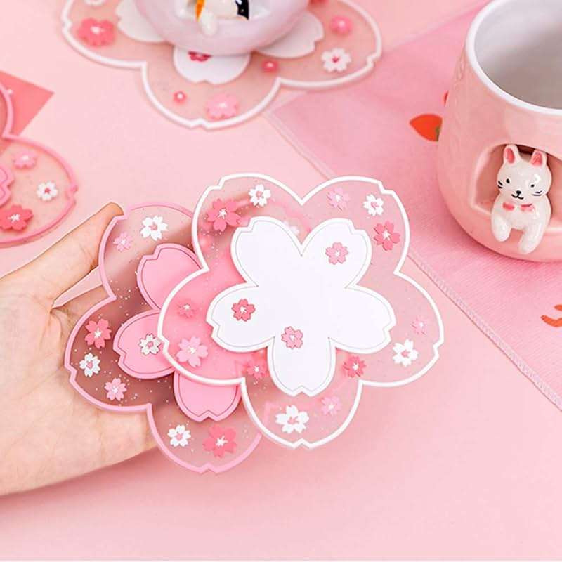 Sakura Coffee Cup Mat Kawaii Coaster 2PCS Cute Cherry Blossom PVC Home Tea Mug Pink Flower Pattern Anti-Skid Pot Bowl Pad Placemat for Desk Drink Table Decor Kawaii Accessories (Small) - Image 5