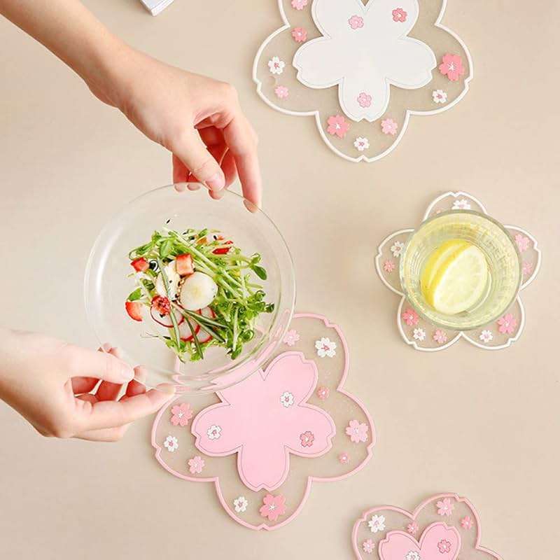 Sakura Coffee Cup Mat Kawaii Coaster 2PCS Cute Cherry Blossom PVC Home Tea Mug Pink Flower Pattern Anti-Skid Pot Bowl Pad Placemat for Desk Drink Table Decor Kawaii Accessories (Small) - Image 6