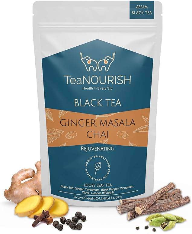 TeaNOURISH Ginger Masala Chai Tea | Assam CTC Loose Black Tea | Blended with Authentic Indian Spices | Indian Ginger Tea | 100% NATURAL INGREDIENTS - 3.53oz/100g - Image 1