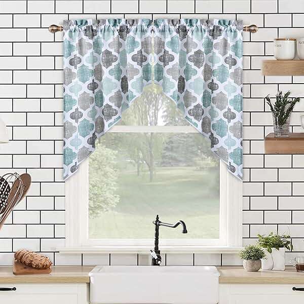 CAROMIO Swag Curtain Valances, Geometric Quatrefoil Trellis Printed Cotton Blend Tailored Swag Curtains for Kitchen Bathroom Window, Aqua/Mint/Grey, 56" W x 36" L - Image 1