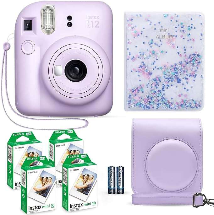 Fujifilm Instax Mini 12 Instant Camera Lilac Purple + Fuji Film Value Pack (40 Sheets) + Shutter Accessories Bundle, Incl. Compatible Carrying Case, Quicksand Beads Photo Album 64 Pockets - Image 1