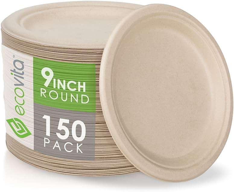 Ecovita 100% Compostable Paper Plates [9 in.] – 150 Disposable Plates Eco Friendly Sturdy Tree Free Liquid and Heat Resistant Alternative to Plastic or Paper Plates - Image 1