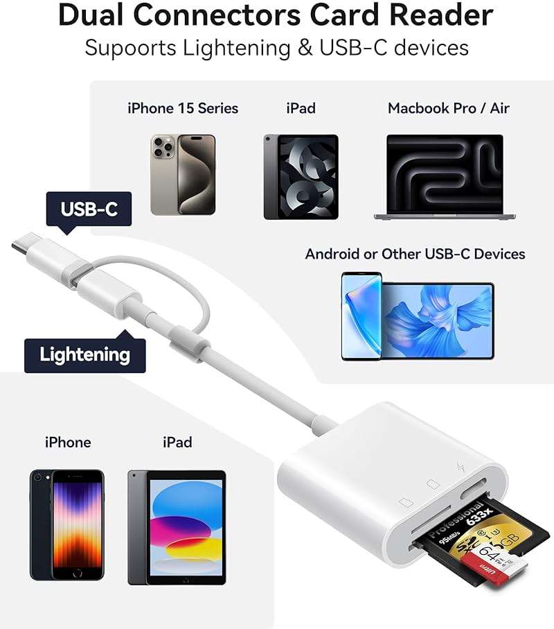 SD Card Reader for iPhone iPad, Oyuiasle Digital Trail Camera SD Card Viewer with Dual Slot for MicroSD/SD, Lightening&USBC Dual-Connector Memory Card Adapter for Photography, Plug and Play - Image 2