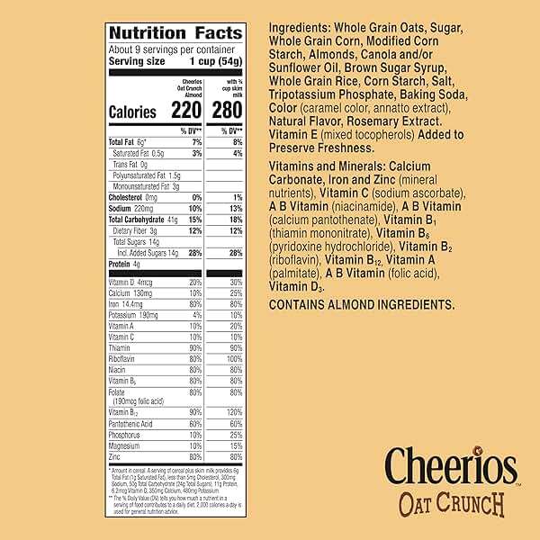 Cheerios Oat Crunch Almond Breakfast Cereal, Made with Whole Grain, Large Size, 18.2 oz - Image 2