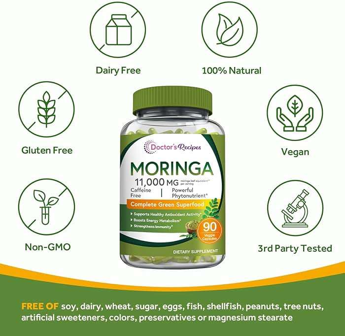 Doctor's Recipes Moringa, Complete Green Superfood, Natural Antioxidant Support, Non-GMO, 90 Vegan Caps, No Caffeine Soy Gluten - Image 5