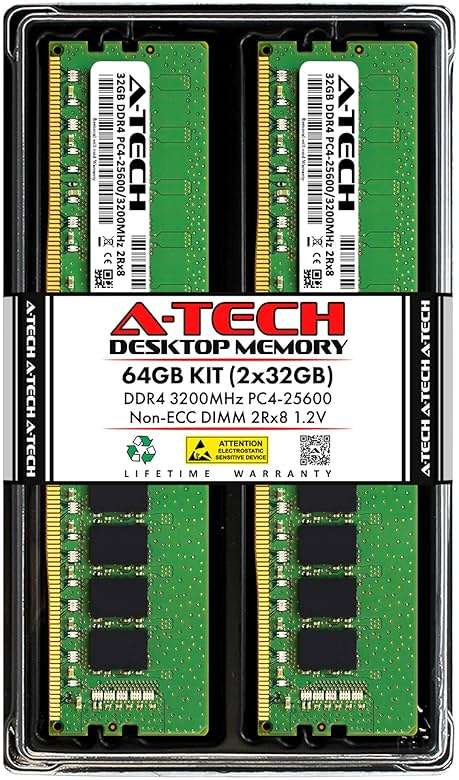 A-Tech 64GB (2x32GB) DDR4 3200 MHz UDIMM PC4-25600 (PC4-3200AA) CL22 DIMM 2Rx8 Non-ECC Desktop RAM Memory Modules - Image 1