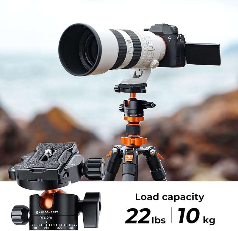 K&F CONCEPT 68" Carbon Fiber Camera Tripod,Compact Tripods with Metal Ball Head,Quick Release Plate,Detachable Monopod 22lbs Load for DSLR with Phone Mount,D255C4+BH-28L - Image 5