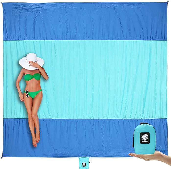 WEKAPO Beach Blanket Sandproof Waterproof, Extra Large Beach Mat, Oversized & Compact Sand Free, Quick Drying Beach Essentials for Vacation, Cruise, Picnic & Camping with Stakes - Image 1