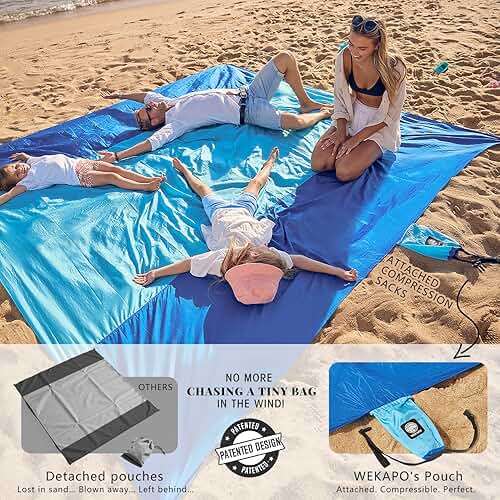 WEKAPO Beach Blanket Sandproof Waterproof, Extra Large Beach Mat, Oversized & Compact Sand Free, Quick Drying Beach Essentials for Vacation, Cruise, Picnic & Camping with Stakes - Image 3