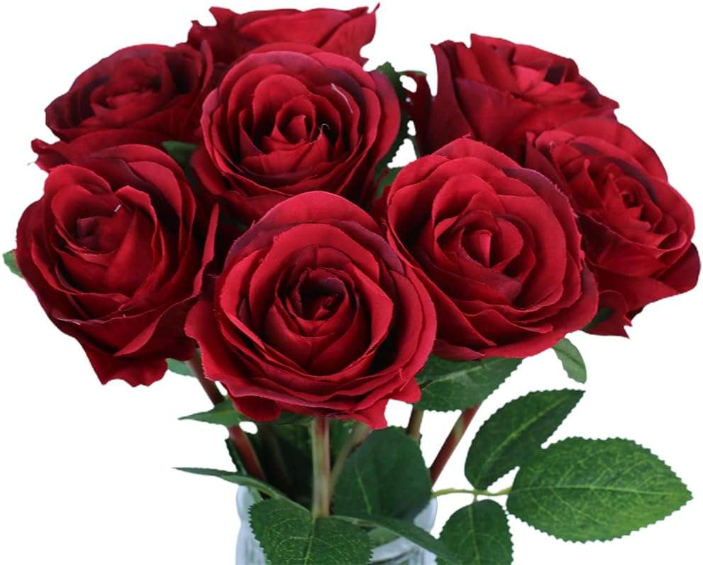 Tinsow Artificial Roses Flowers with 8 Heads for Flower Arrangement, Silk Latex Rose Bouquet for Home Decoration, Faux Roses for Valentine's Day Parties and Wedding Decoration (Red, 8) - Image 1
