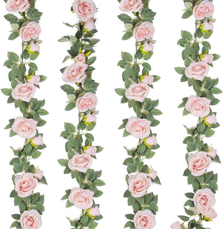 TELDRASSIL 4Pcs(26 FT) Artificial Rose Vine Fake Flower Garland Fake Silk Rose Hanging Vine for Wedding Party Background Arch Garden Background Decoration (Pink) - Image 1