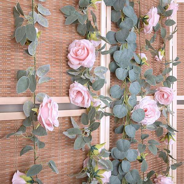 TELDRASSIL 4Pcs(26 FT) Artificial Rose Vine Fake Flower Garland Fake Silk Rose Hanging Vine for Wedding Party Background Arch Garden Background Decoration (Pink) - Image 5