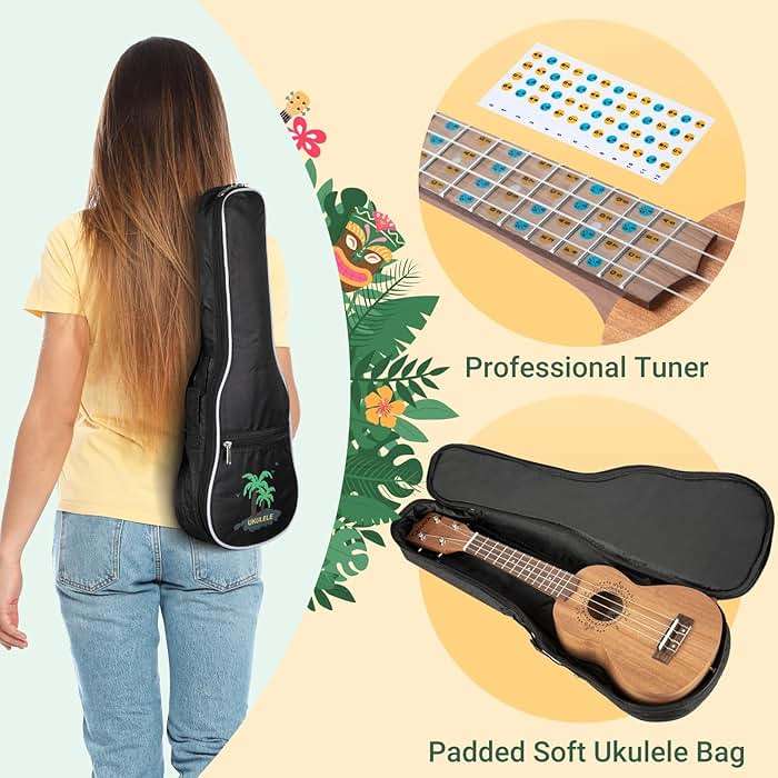 CAHAYA 21 Inch Ukulele Mahogany Beginner Kit Soprano Ukelele with Gig Bag Rainbow Strap Fretboard Stickers for Both Adults and Kids Professional Hawaiian Ukalalee Gifts CY0068 - Image 3