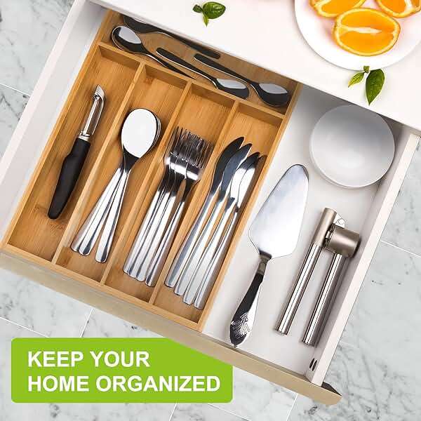Unibambou Bamboo Utensil Drawer Organizer, Kitchen Organizer for Flatware Cutlery, Silverware Tray for Drawer (5 Slots, Natural) - Image 4