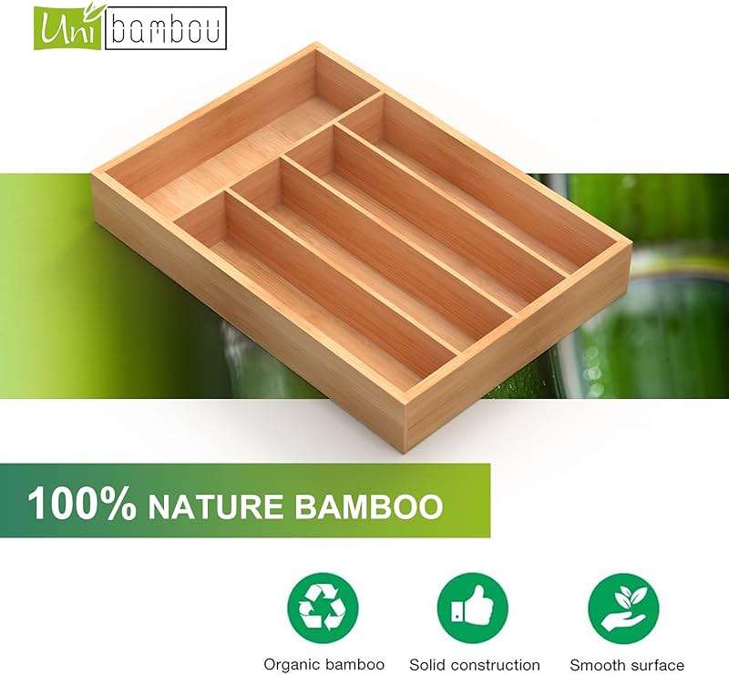 Unibambou Bamboo Utensil Drawer Organizer, Kitchen Organizer for Flatware Cutlery, Silverware Tray for Drawer (5 Slots, Natural) - Image 5