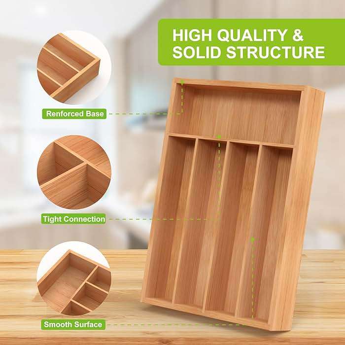 Unibambou Bamboo Utensil Drawer Organizer, Kitchen Organizer for Flatware Cutlery, Silverware Tray for Drawer (5 Slots, Natural) - Image 6