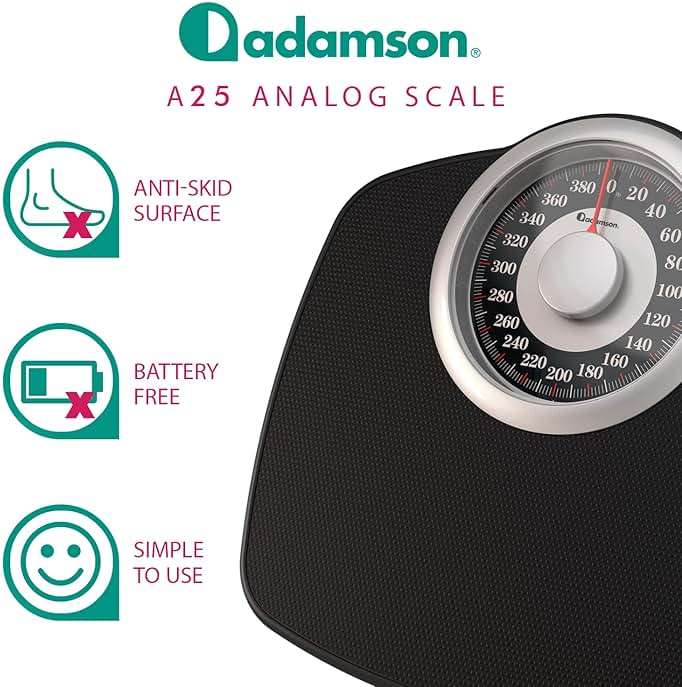 Adamson A25 Scales for Body Weight - Up to 400 LB - New - 5.3" Dial on 12.4" x 10.2" Platform - Anti-Skid Rubber Surface - High Precision Bathroom Scale Analog - Durable with 20-Year Assurance - Black - Image 3
