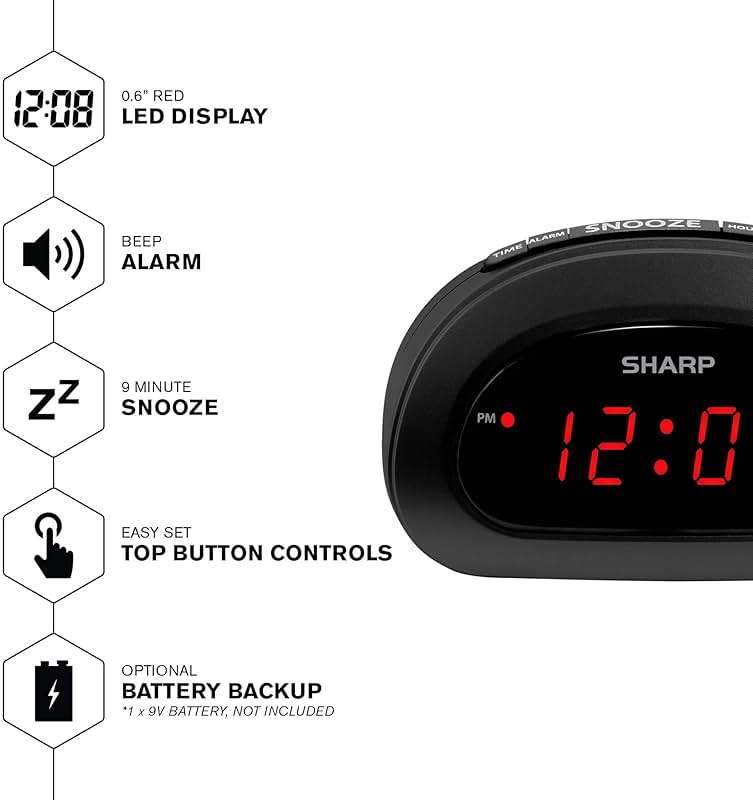 Sharp Small, Space-Saving Digital Alarm Clock – Compact Bedside Clock with Large Red LED Display, Easy Top Button Controls, Snooze, and Battery Backup – Perfect for Bedroom, Dorm, or Travel - Image 3