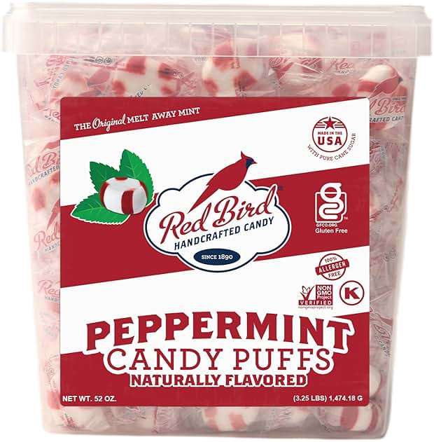 Red Bird Soft Peppermint Puffs Candy, Individually Wrapped Soft Mints, 52 oz Tub - Image 1