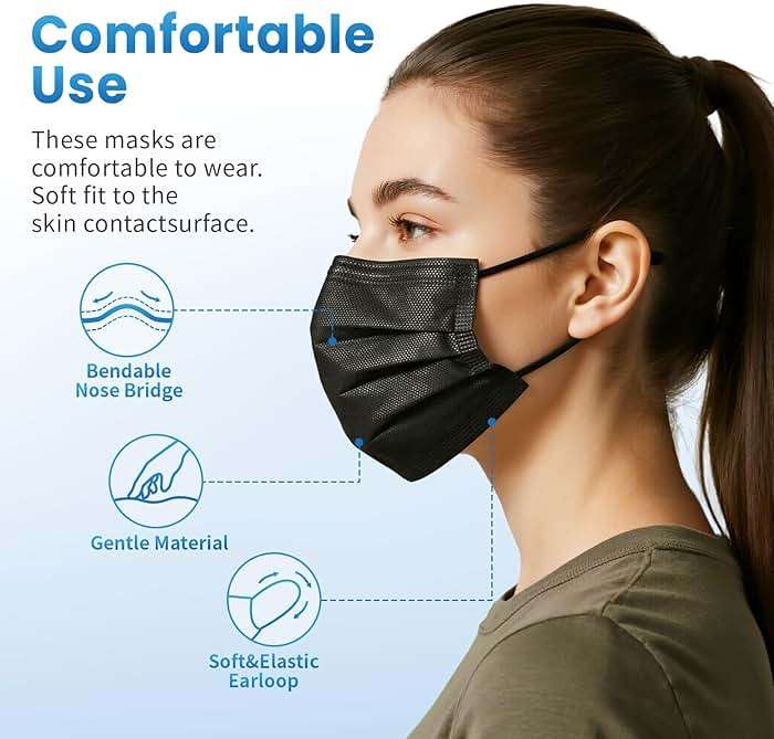 Borje Disposable Face Mask, 100 PCS Black Masks, 3 Ply Protection Face Masks - Image 3