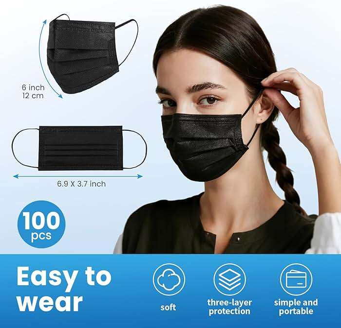 Borje Disposable Face Mask, 100 PCS Black Masks, 3 Ply Protection Face Masks - Image 4