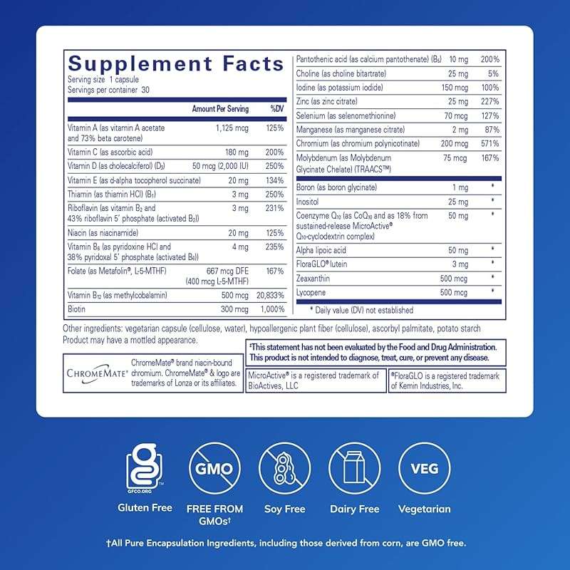 Pure Encapsulations O.N.E. Multivitamin - Once Daily Multivitamin with Antioxidant Complex Metafolin, CoQ10, and Lutein to Support Vision, Cognitive Function, and Cellular Health* - 30 Capsules - Image 2