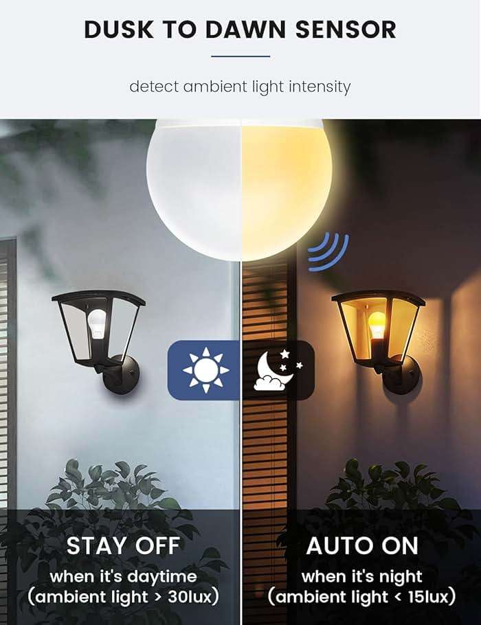 MikeWin Dusk to Dawn Light Bulbs Outdoor, 3000K Warm White, 12W(100W Equivalent) Auto ON/Off Light Sensor LED Lighting Bulb for Wall Lantern, Porch, Boundary, Garage, Patio, Front Door, 4 Pack - Image 3