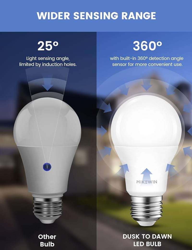 MikeWin Dusk to Dawn Light Bulbs Outdoor, 3000K Warm White, 12W(100W Equivalent) Auto ON/Off Light Sensor LED Lighting Bulb for Wall Lantern, Porch, Boundary, Garage, Patio, Front Door, 4 Pack - Image 6