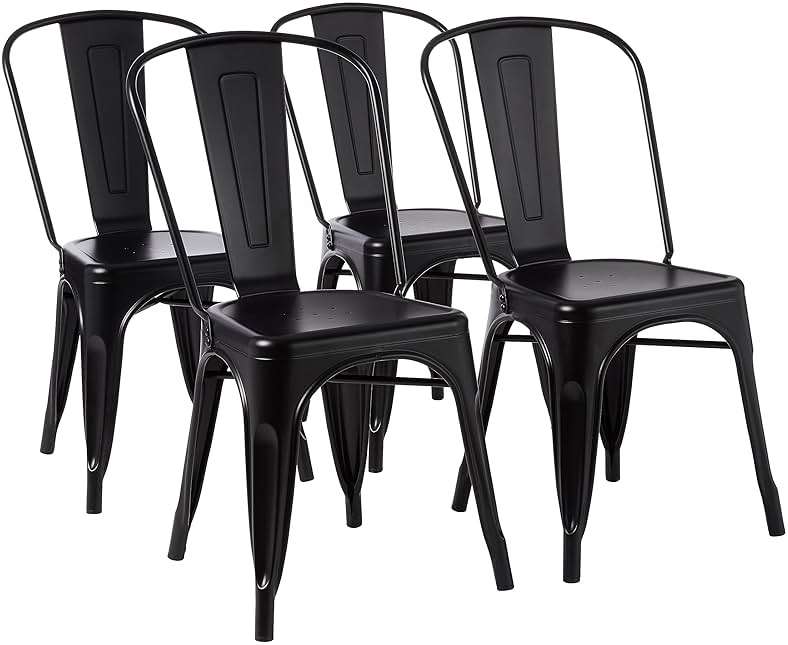 Amazon Basics Metal Dining Chairs, Easy to Assemble, Indoor/Outdoor, Stackable, Matte Black, 4-Pack - Image 1
