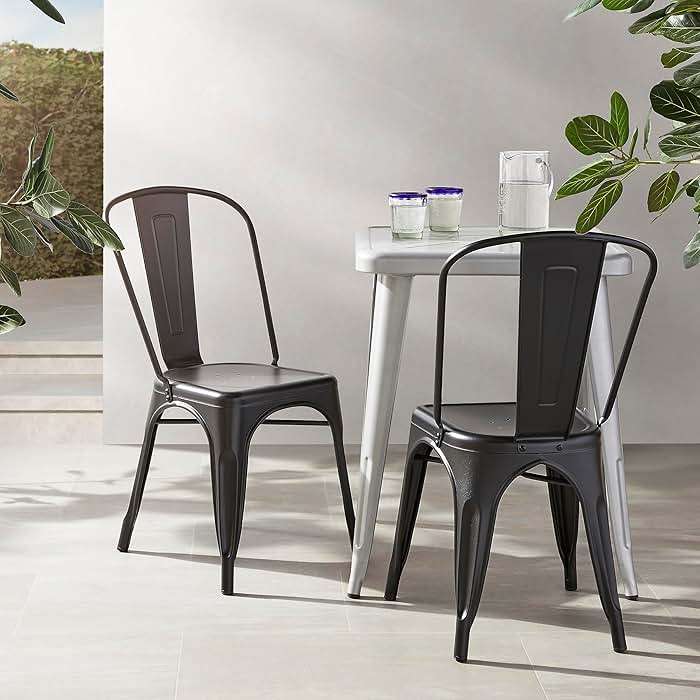 Amazon Basics Metal Dining Chairs, Easy to Assemble, Indoor/Outdoor, Stackable, Matte Black, 4-Pack - Image 2