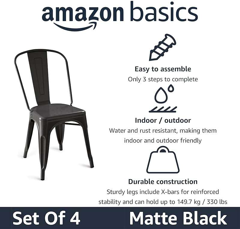 Amazon Basics Metal Dining Chairs, Easy to Assemble, Indoor/Outdoor, Stackable, Matte Black, 4-Pack - Image 4