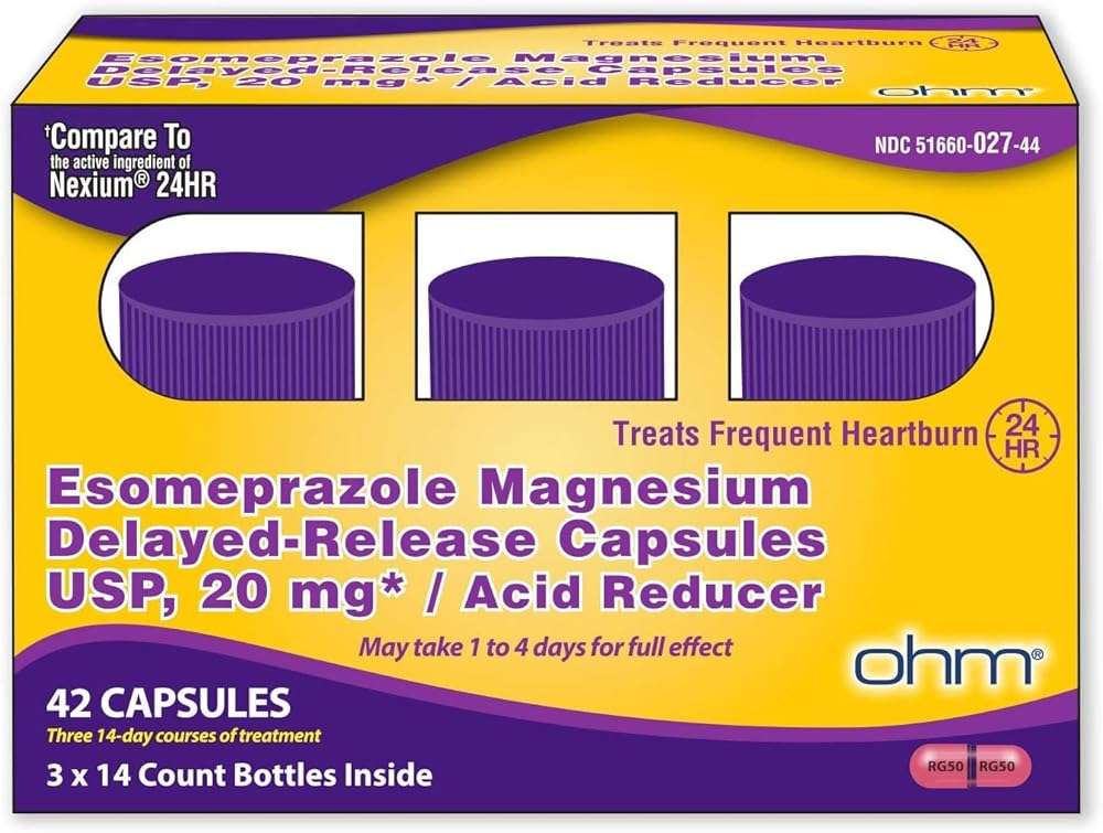 Ohm Esomeprazole Magnesium Delayed Release Capsules 20mg - Frequent Heartburn & Acid Reflux Relief, 24 Hour Chest & Stomach Acid Reducer (6 Weeks of Supply, 42, Count) - Image 1